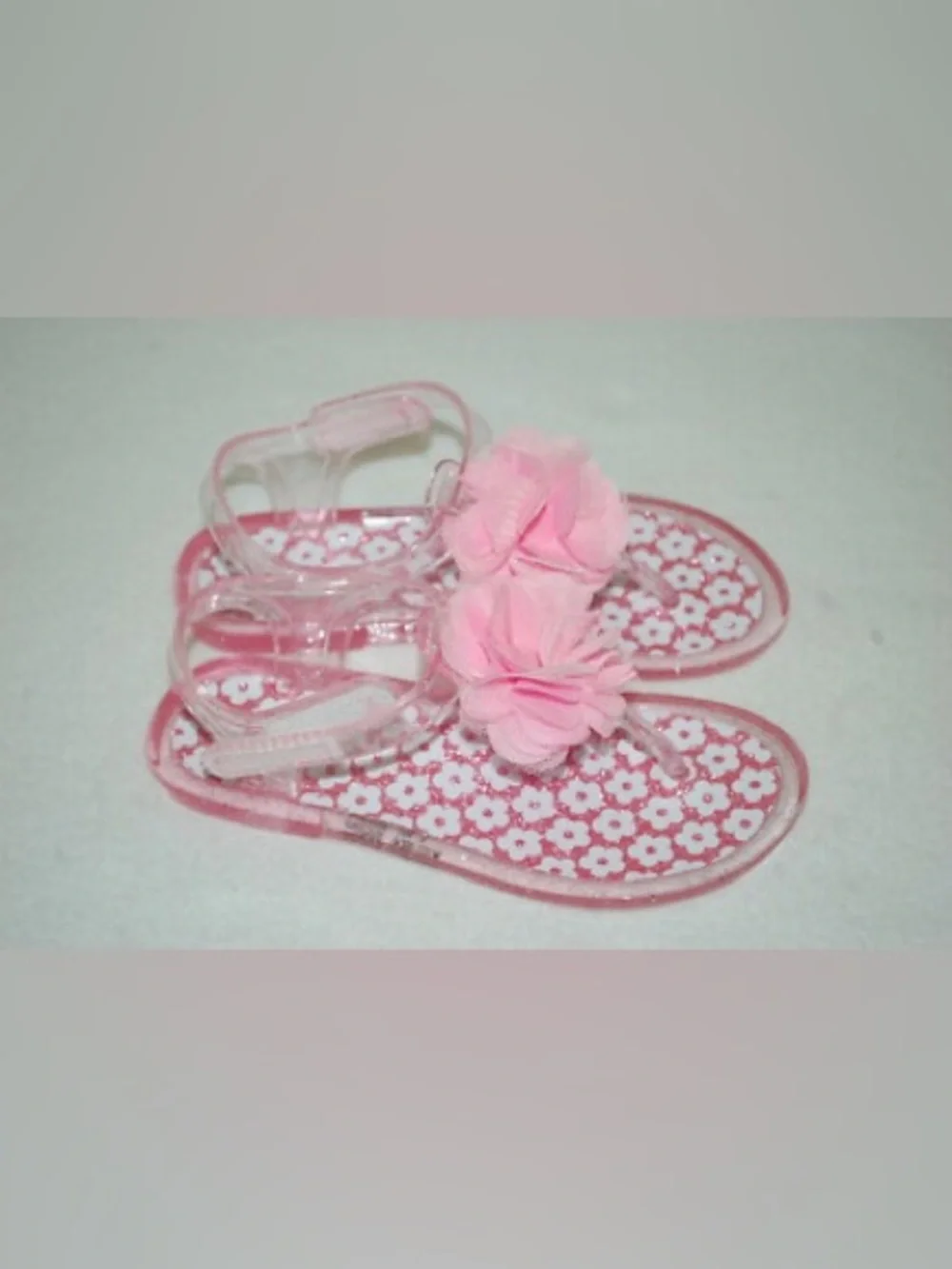 Girls Pink Glitter Jelly Sandals Flower Velcro Flip Flops Size 10
